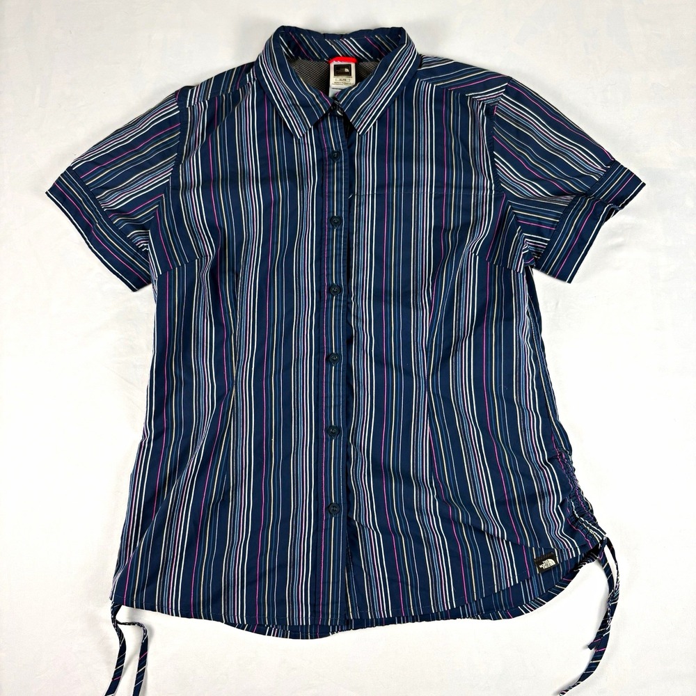 The North Face Women's XL Navy Plaid Cotton Short Sleeve Shirt Classic Button-Up